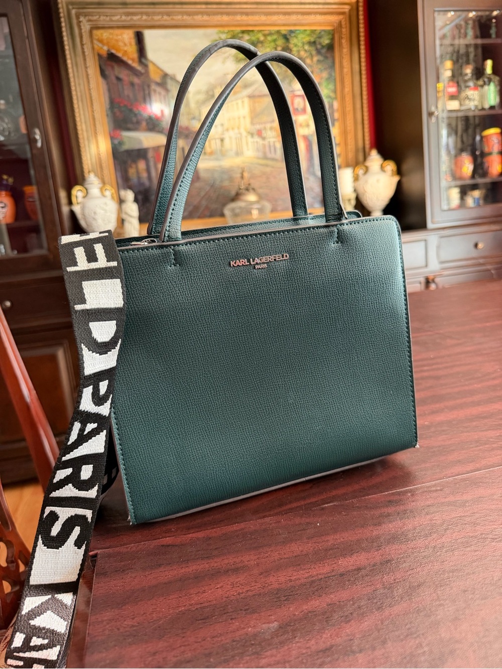 Karl Lagerfeld Dark Green Structured Leather Satchel with Branded Strap